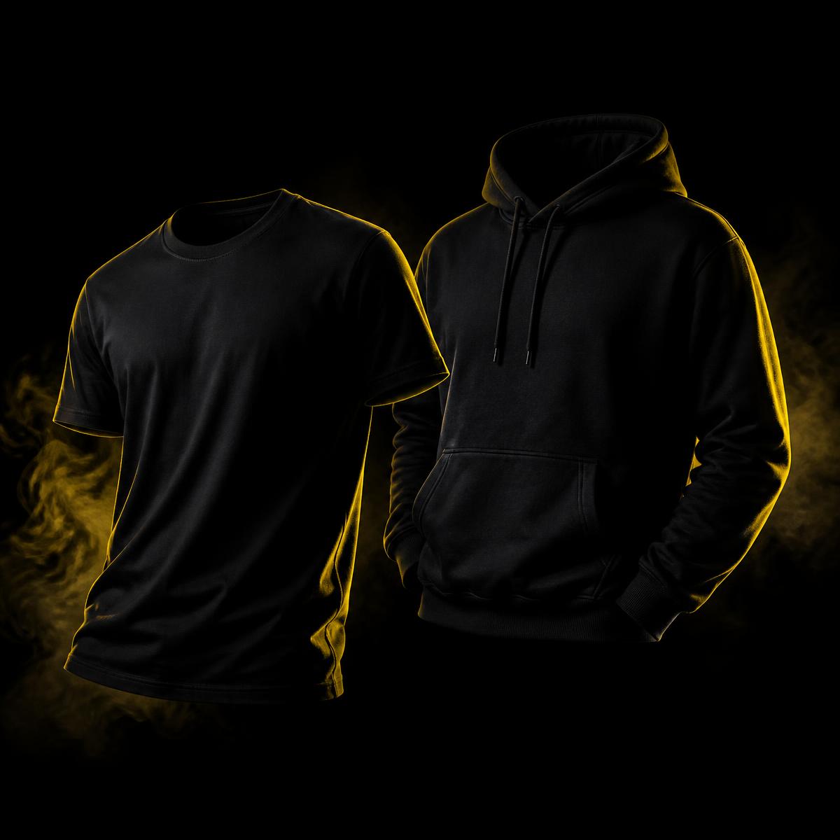 Black custom printed T-shirt and hoodie lit with yellow rim light